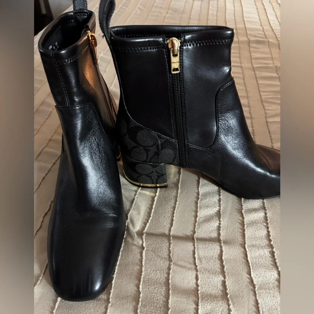 Coach Black Leather Ankle Booties with Gold Zipper - Picture 1 of 3